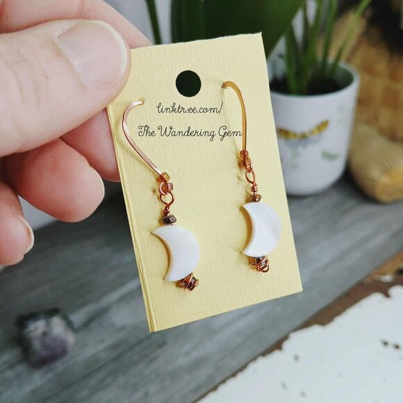 Crescent Moon Beaded Dangle Earrings, Hammered Copper Jewelry, 2" - Picture 5 of 5